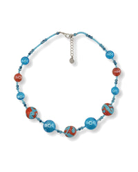 Capri Turquoise Murano glass necklace — collar necklace of clear turquoise beads and coral-orange spheres with turquoise swirls, second view