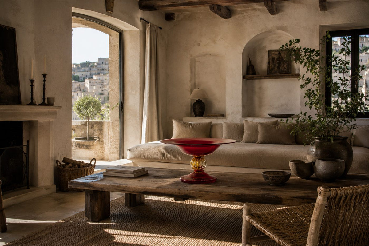 Murano glass bowl styled on a rustic Italian coffee table