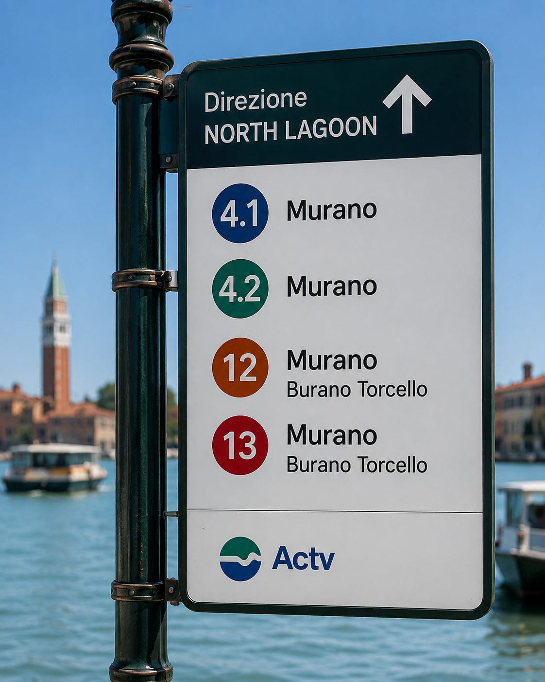 ACTV vaporetto sign showing lines 4.1, 4.2, 12 and 13 to Murano, Burano and Torcello