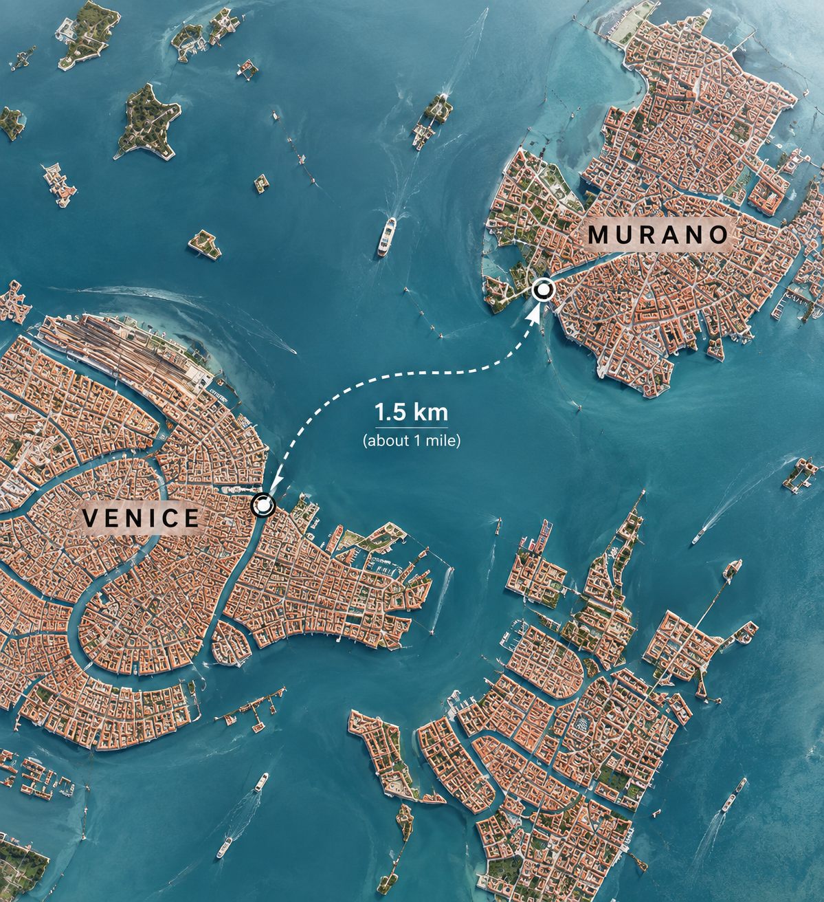 Aerial map showing the 1.5 km distance between Venice and Murano