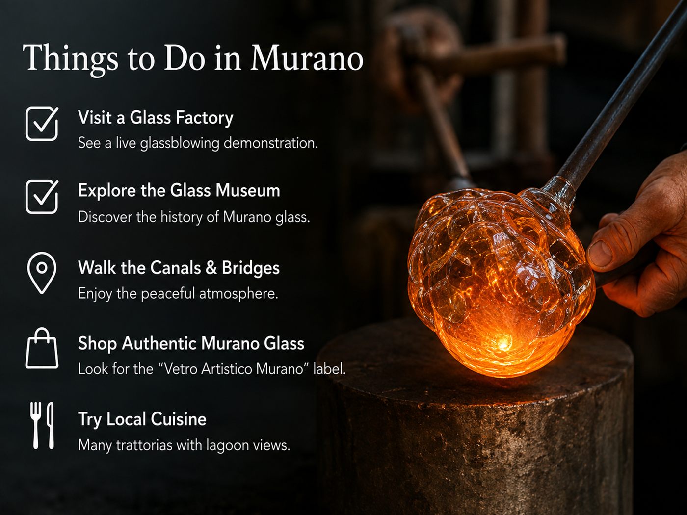 A maestro shaping molten glass at a furnace on Murano