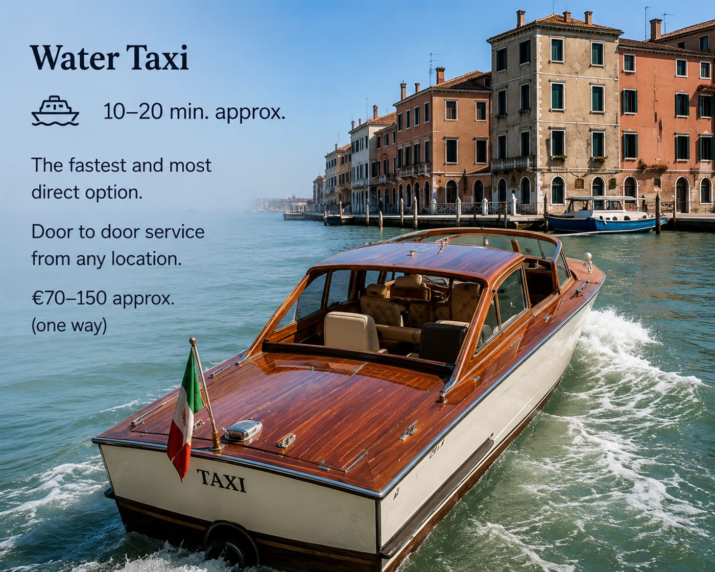 Classic Venetian water taxi, the fastest door-to-door way to reach Murano